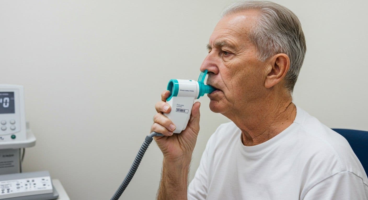 Paciente idoso faz espirometria soprando no bocal do aparelho
