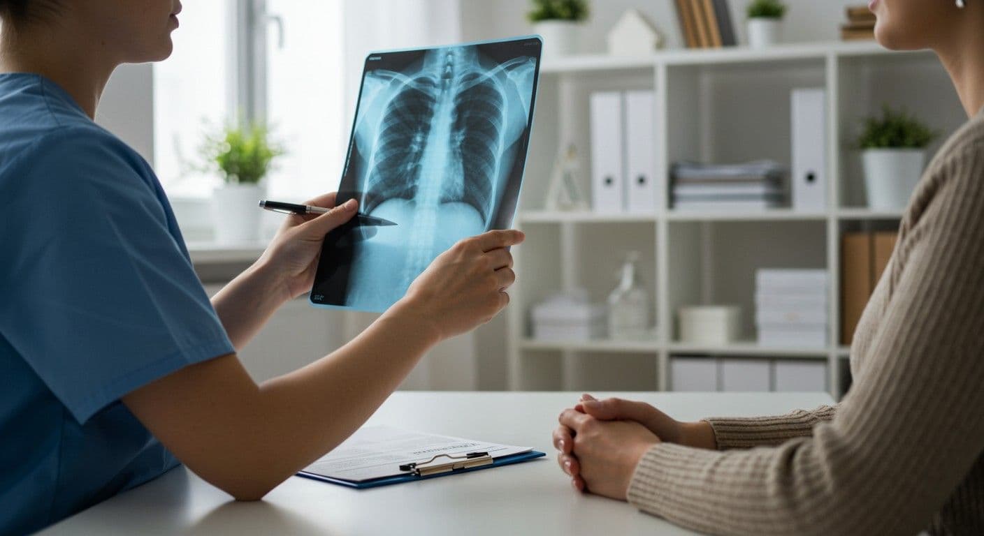 Médica mostra radiografia de tórax ao paciente no consultório